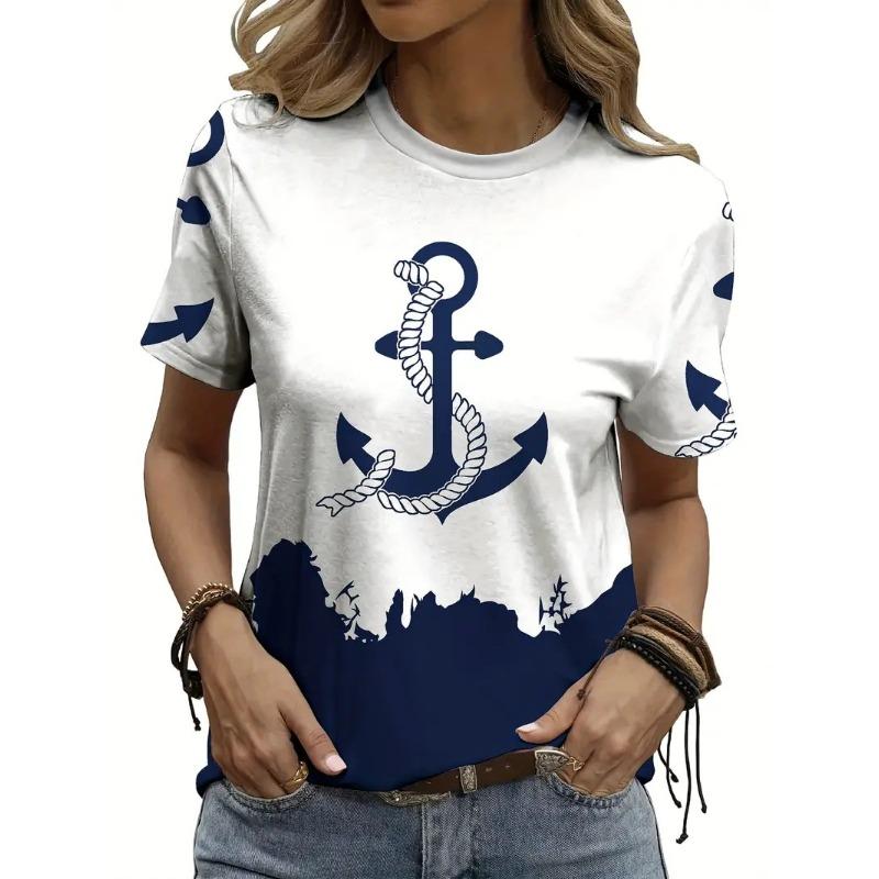 Summer Round Neck 3D Barb Print Top Fashionable Casual Short Sleeved Women's T-shirts