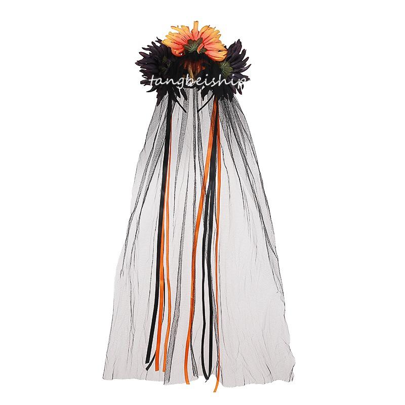 Gothic Halloween Ghost Bride Costume Veil with Dark Purple Flowers