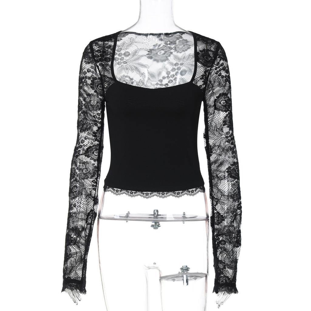 Women Sexy Fashion Lace Hollow Out Spliced Long Sleeve Slim Cropped Blouse