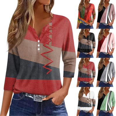 Γυναικείο μπλουζάκι μπλουζάκι με τύπωμα κουμπιού μανίκι 3/4 Καθημερινή μόδα για Σαββατοκύριακο Basic V-λαιμόκοψη κανονικό μπλουζάκι