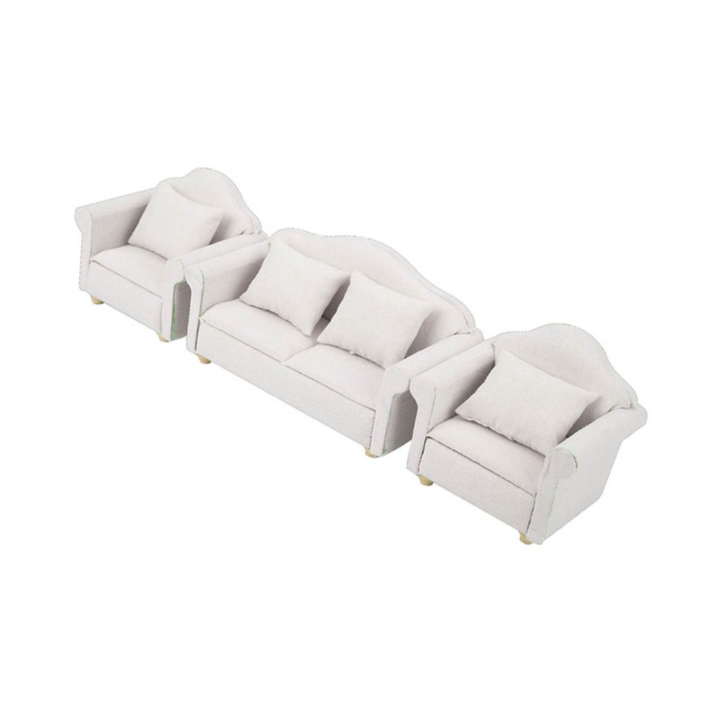 3Pcs 1:12 Mini Doll House Plaid Sofa Cushion Set Accessory Room Furniture ToyWhite