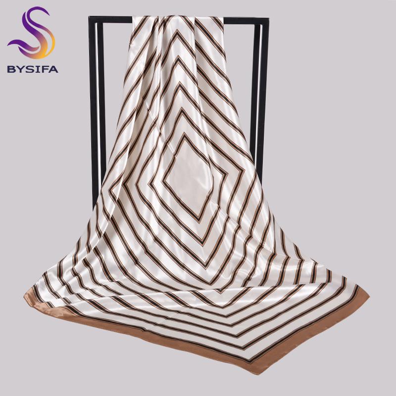 [BYSIFA] New Khaki White Stirped Square Scarves Hijabs Fashion Fall Winter Women Satin Silk Scarf Shawl Muslim Neck Scarf Cape