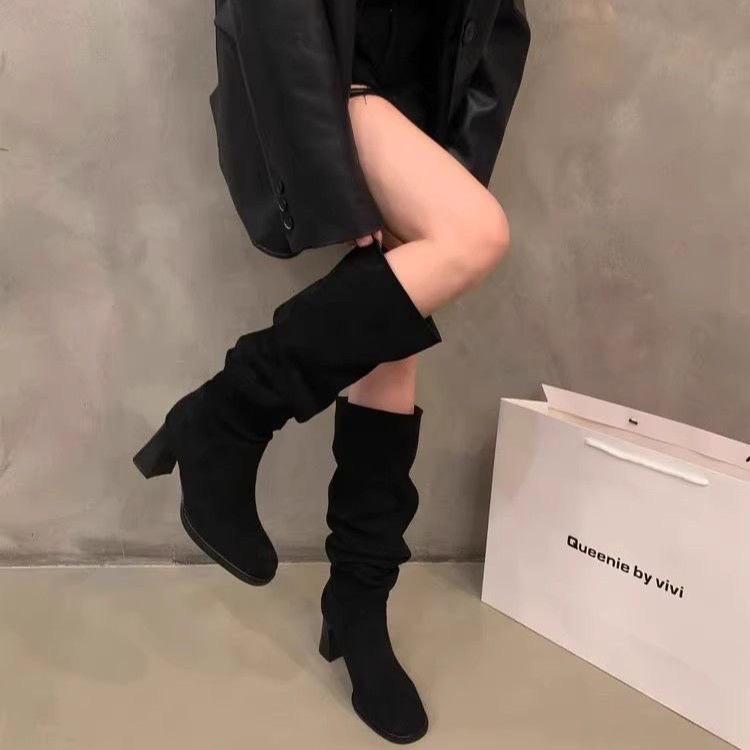 

Высокие сапоги-трубы вокруг колена женские новые осенне-зимние на высоком каблуке плиссированные сапоги-чулки на толстом каблуке сапоги-рыцари 39 чёрный