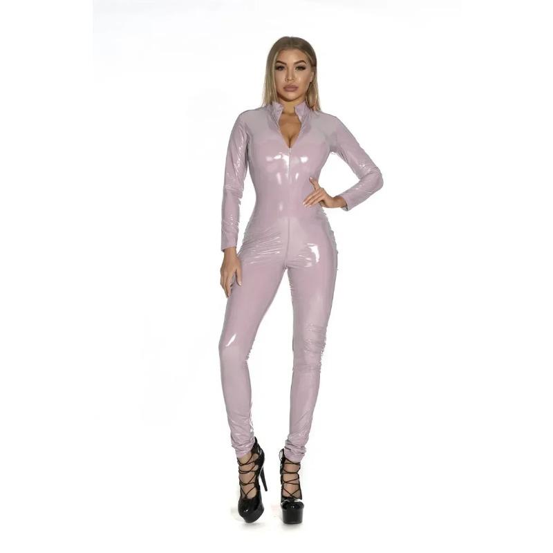 Sexy ženy Catsuit z umělé kůže PVC Latex Body Přední Zip Otevřený Rozkrok Kombinézy Stretch Bodystocking Erotické kostýmy