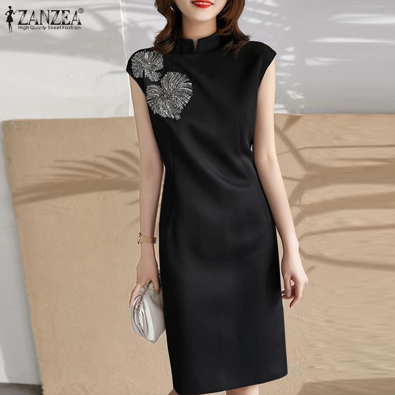 

ZANZEA женское летнее повседневное тонкое платье с воротником-стойкой и коротким рукавом с вышивкой