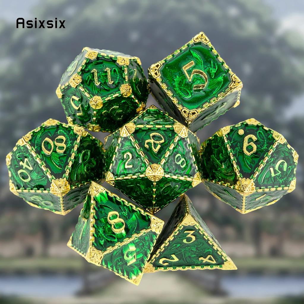 7 Pcs Green Yellow Dragon Metal Dice Solid Metal Polyhedral Dice Set Suitable for Role-Playing RPG  Board Game Card Game