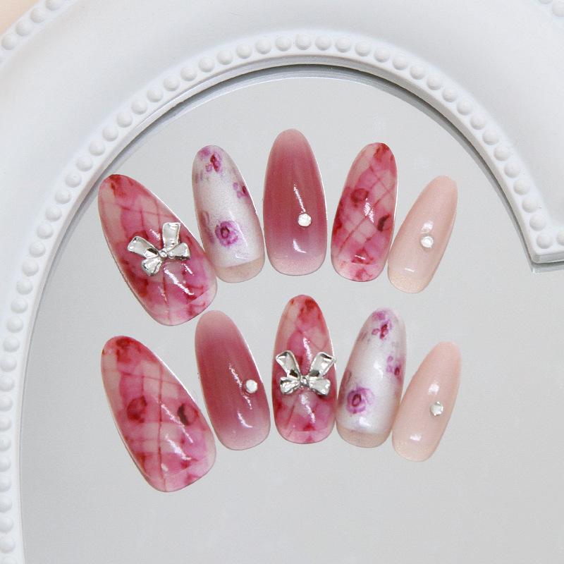 Rose Smudged Bow, Sparkling Diamond Temperament, Versatile Removable Wearable Nails, 30 Pieces