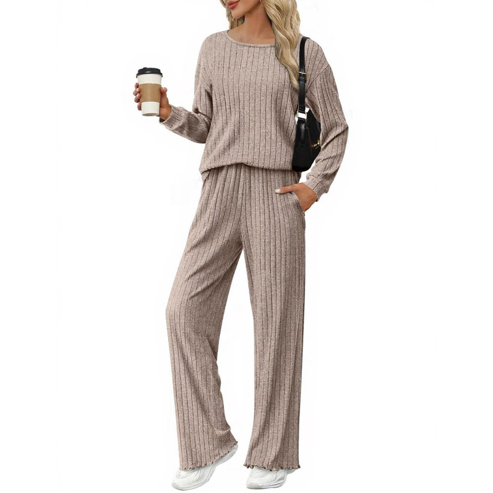 

Женский рубчатый комплект из двух предметов с длинным рукавом и круглым вырезом, свободный и повседневный XL хаки