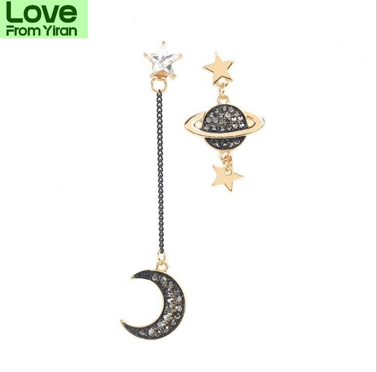 New Arrival Korean Earings Modish Star Moon Fashionable Jewelry Asymmetric Black Long Ear Studs Drop Pendientes Tassel Nuptial Bridal Earings