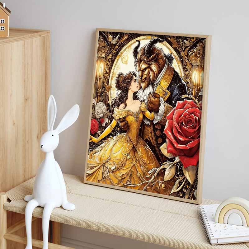 Disney 5D DIY Diamond Painting, Beauty and The Beast Art Illustration Full Round Diamond Mosaic Cartoon Cross Stitch Art Painting Home Decoration
