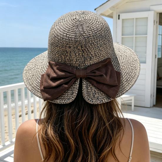 Women Beach Hat, Wide Brim Sun Protection Hat, Foldable Straw Summer Hat with Bowknot Decor, Breathable Outdoor Hat for Fishing, Travel
