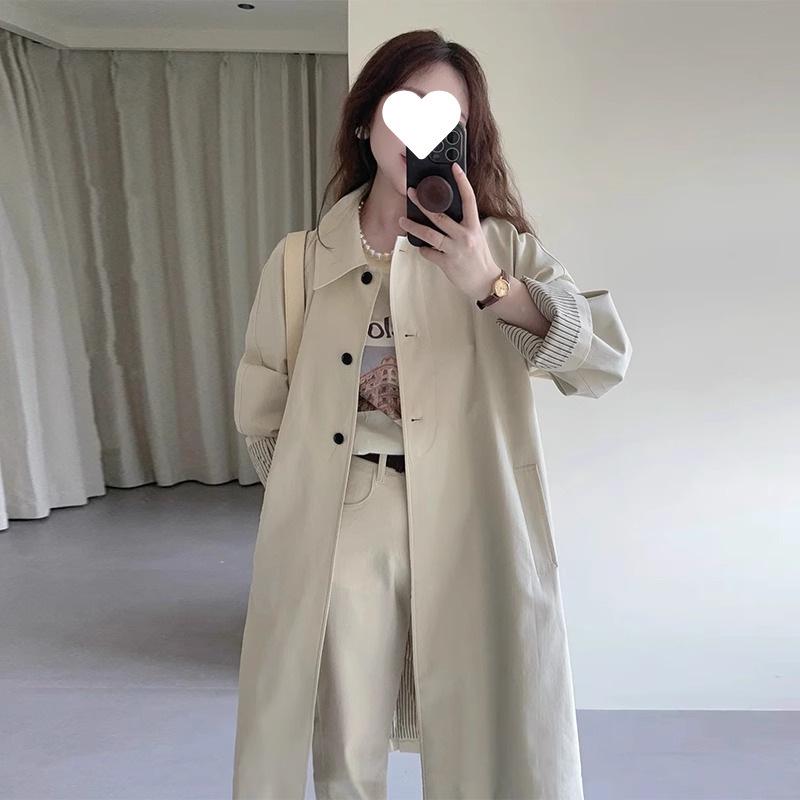 Damen Petites Beiger Mittellanger Trenchcoat: Britischer & Japanischer Stil, Frühling/Herbst, Lockerer Schnitt, Lässig