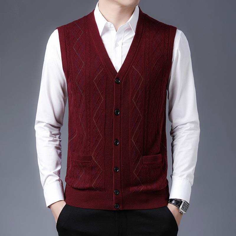 

Autumn Winter Mens Vest Casual Sweater Vests Button Up Cardigan Men s V-neck Fashion Knitted Cardigans S червоний