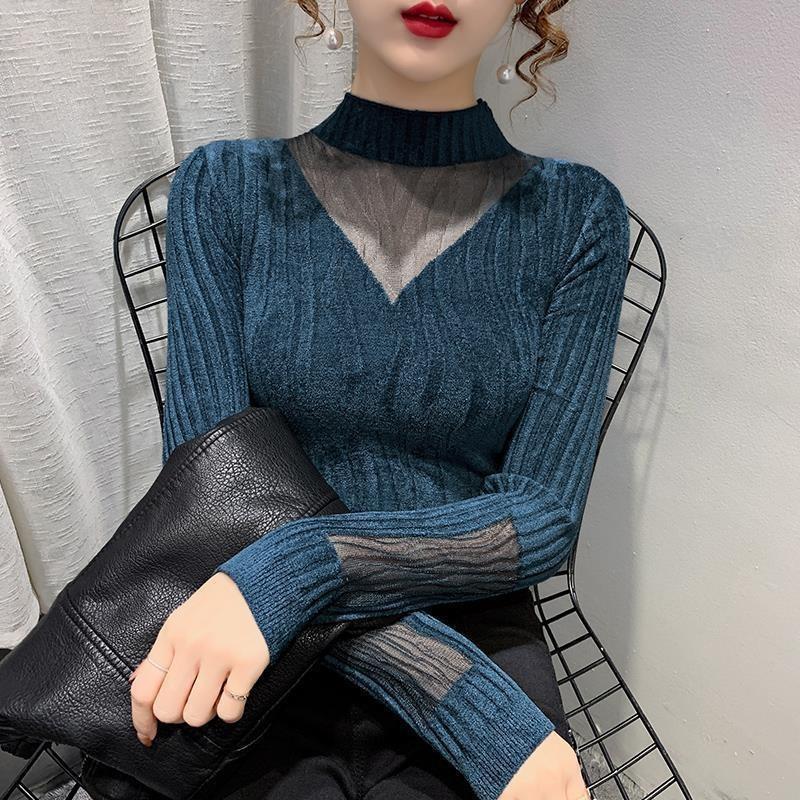 Autumn Half Turtleneck Sweater Women's Long-sleeved Mesh Splicing Bottoming Shirt Pullover Top