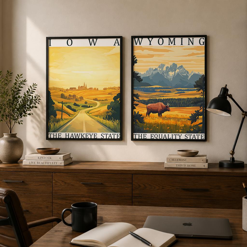Vintage Wall Art, Retro Landscape Canvas Painting, American State Landmark Scenery Poster Prints for Cafe Living Room Home Decor
