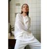 Polyester Knit Sweater With Openwork Lace Design Bell Sleeve Round Neck Summer Layering Top