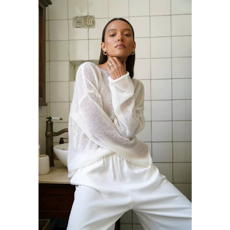Polyester Knit Sweater With Openwork Lace Design Bell Sleeve Round Neck Summer Layering Top