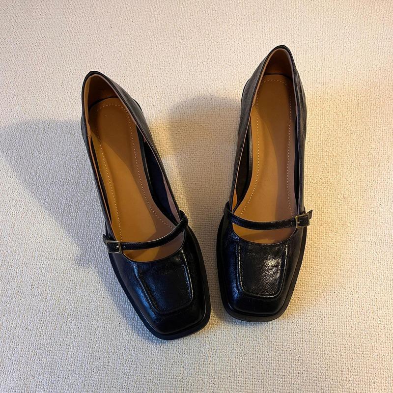

Версия из овчины~ Натуральная кожа ретро для通勤 туфли-лодочки на высоком каблуке для женщин с туфлями Мэри Джейн квадратный носок толстый каблук одинарные туфли маленькие кожаные туфли 34