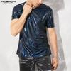 INCERUN Summer Men Short Sleeves T-shirts Casual Glitter PU Leather Tops