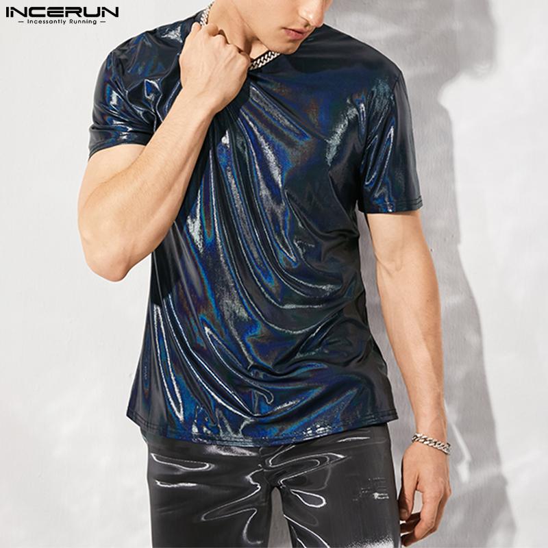 INCERUN Summer Men Short Sleeves T-shirts Casual Glitter PU Leather Tops