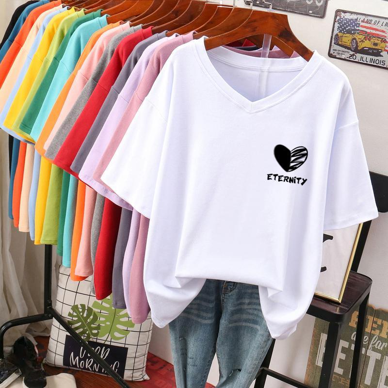 

Футболка с коротким рукавом для женщин большого размера, свободного и стройнящего дизайна, нишевый топ из чистого хлопка с V-образным вырезом, закрывающий живот S белый