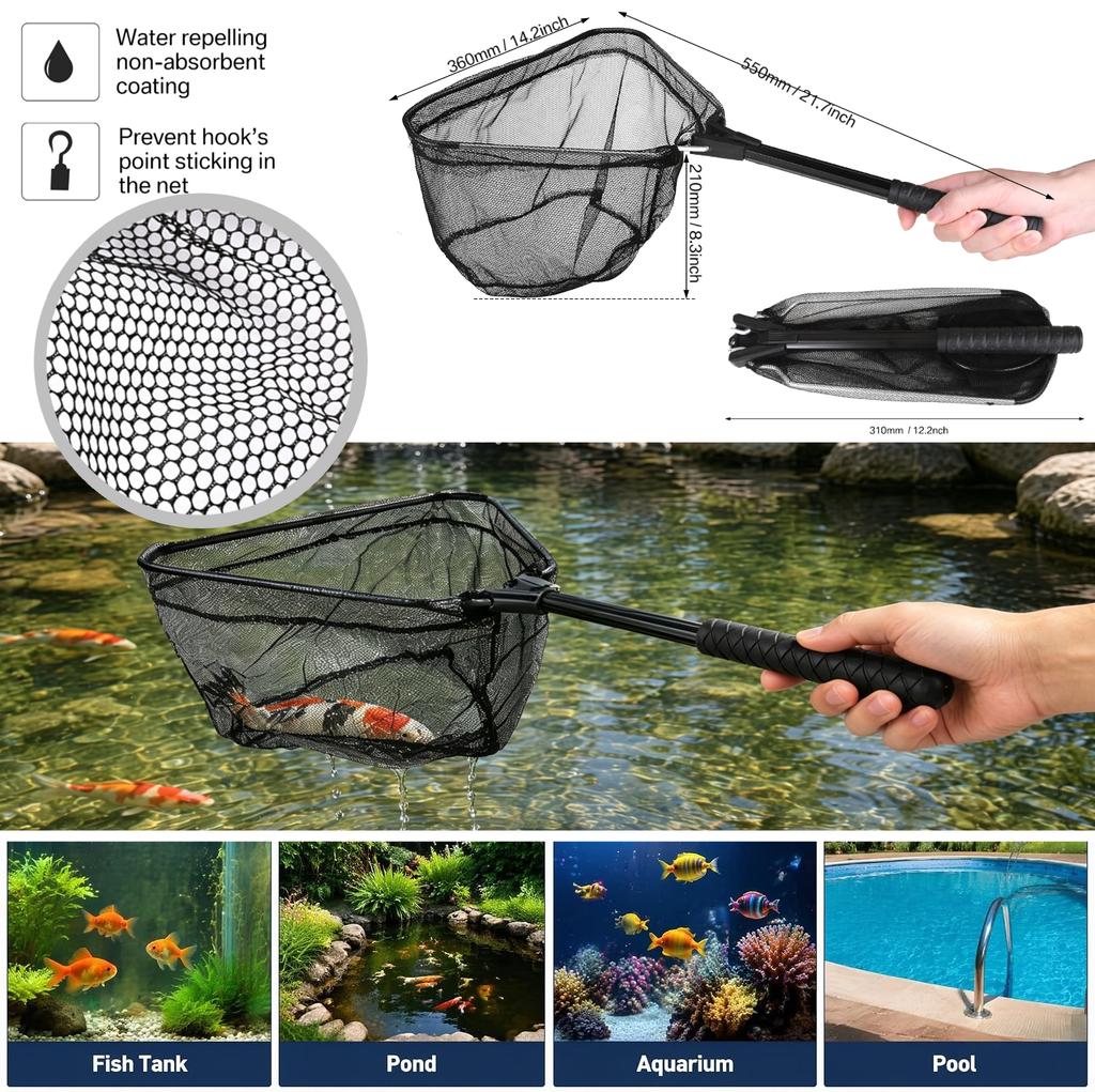 Foldable Fishing Landing Net with 11cm Telescopic Pole Handle Rubber Coated Mesh Fly Fish Net for Pond Trout Carp Catch&Release
