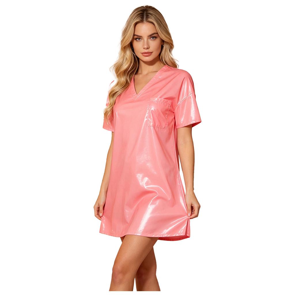 Womens Waterproof Sleep Dress V Neck Short Sleeve Side Split Loose Mini Dress Oversized T-Shirt