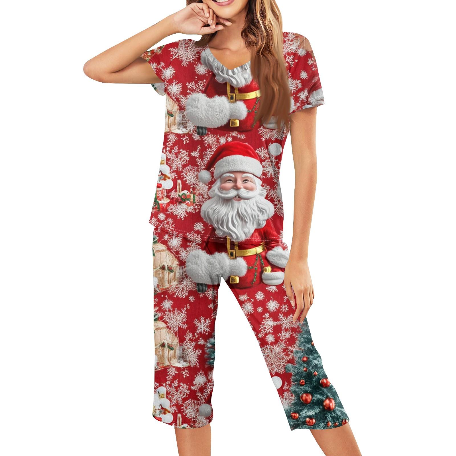

Женская повседневная спортивная пижама с коротким рукавом и укороченными брюками с рождественским принтом XXXL красный