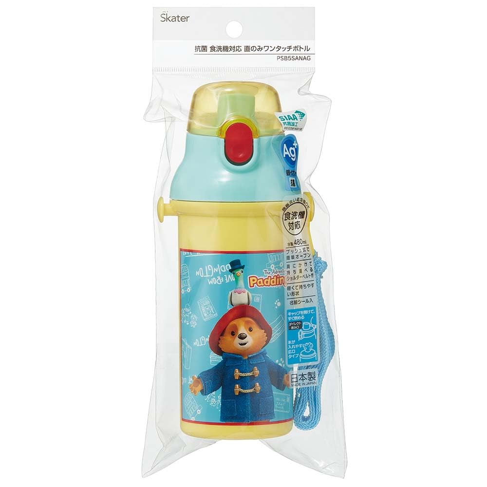 Skater Children's Water Bottle, 480ml, Direct Drinking, Plastic, One-Touch Operation, Dishwasher Safe, Made in Japan, Paddington Bear Design, for