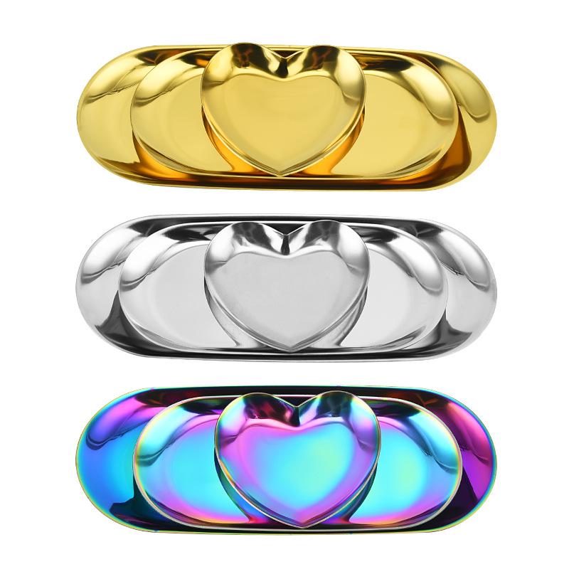 3 Adet Metal Saklama Tepsisi Rose Gold Geçişli Takı Rhinestone Tırnak Sanatı Uçları Tablası Kalp Şeklinde Gösterim Manikür Salon Aletleri Aksesuarları