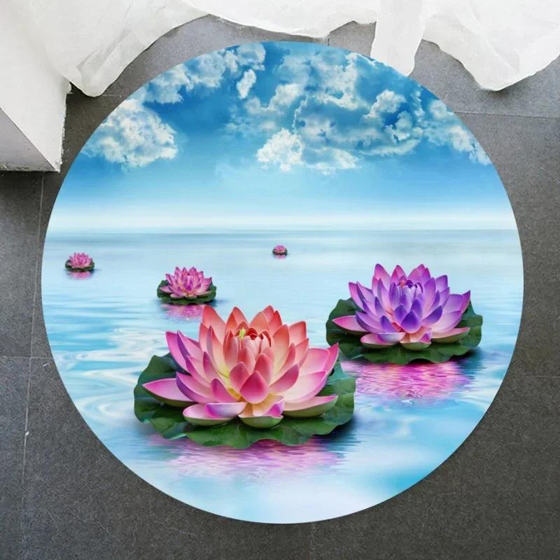 Lotus Flower Round Carpet Living Room Bedroom Yoga Mat Rugs Chinese Style Retro Non-slip Chair Mat Home Decoration Floor Mats