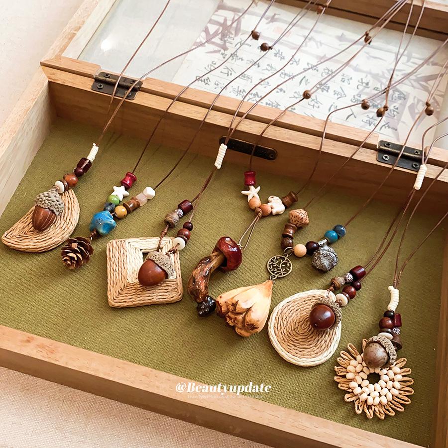 Ethnic Retro Leather Rope Raffia Necklace: Pine Cone & Mushroom Design, High-End Fashion Sweater Chain for Women