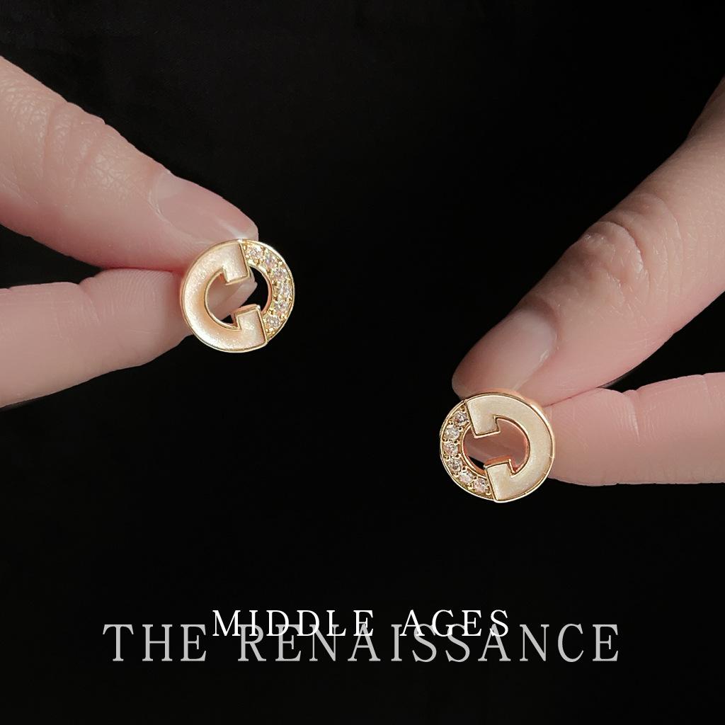 Medieval style letter drip oil hollow zircon stud earrings French retro earrings fashion earrings
