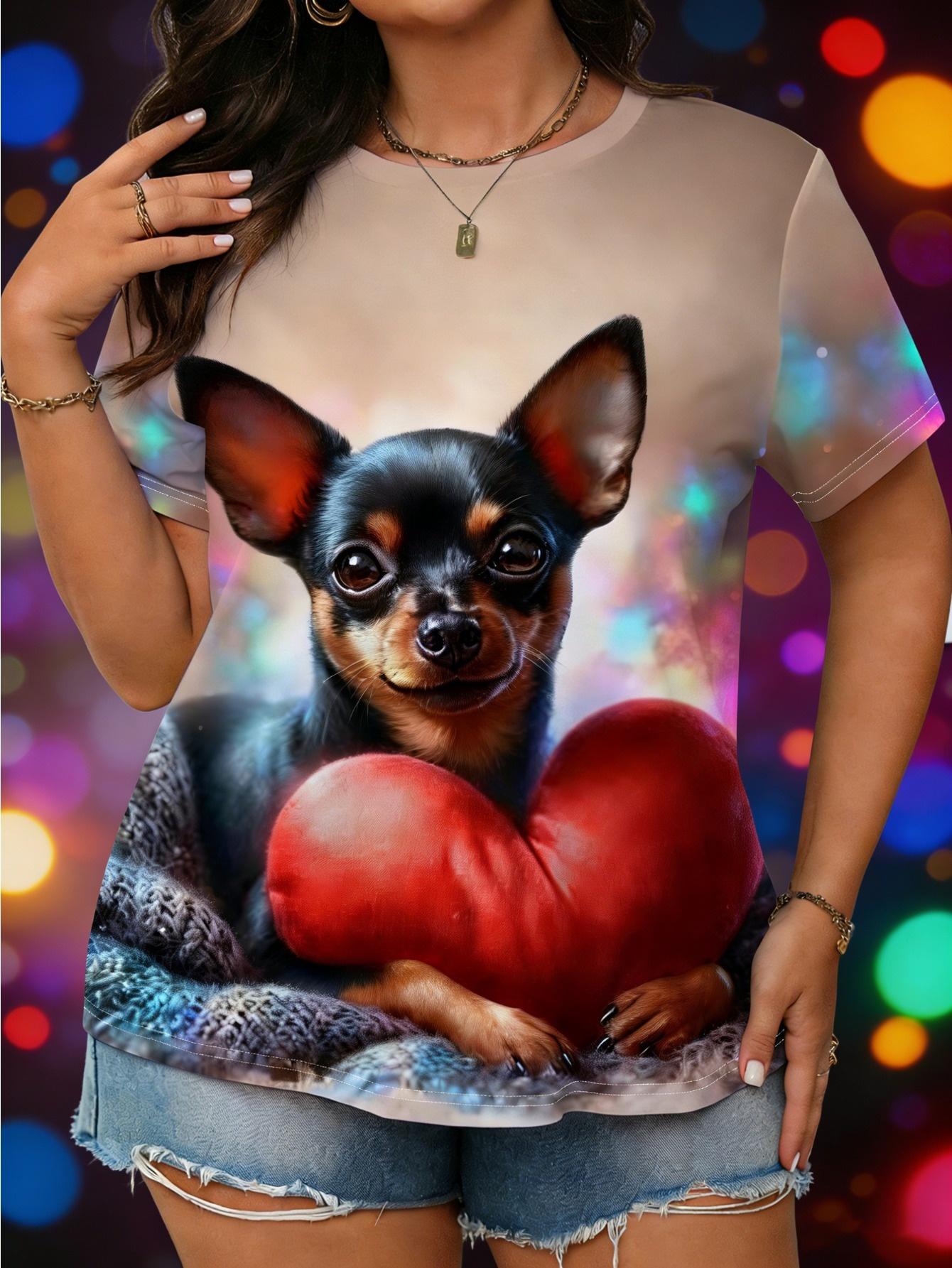 

A Large-Size Women S Heart-Shaped Chihuahua Print Round-Neck Casual T-Shirt for Spring And Summer. Made of Soft And Comfortable Fabric. Machine Washab M дубильная кора