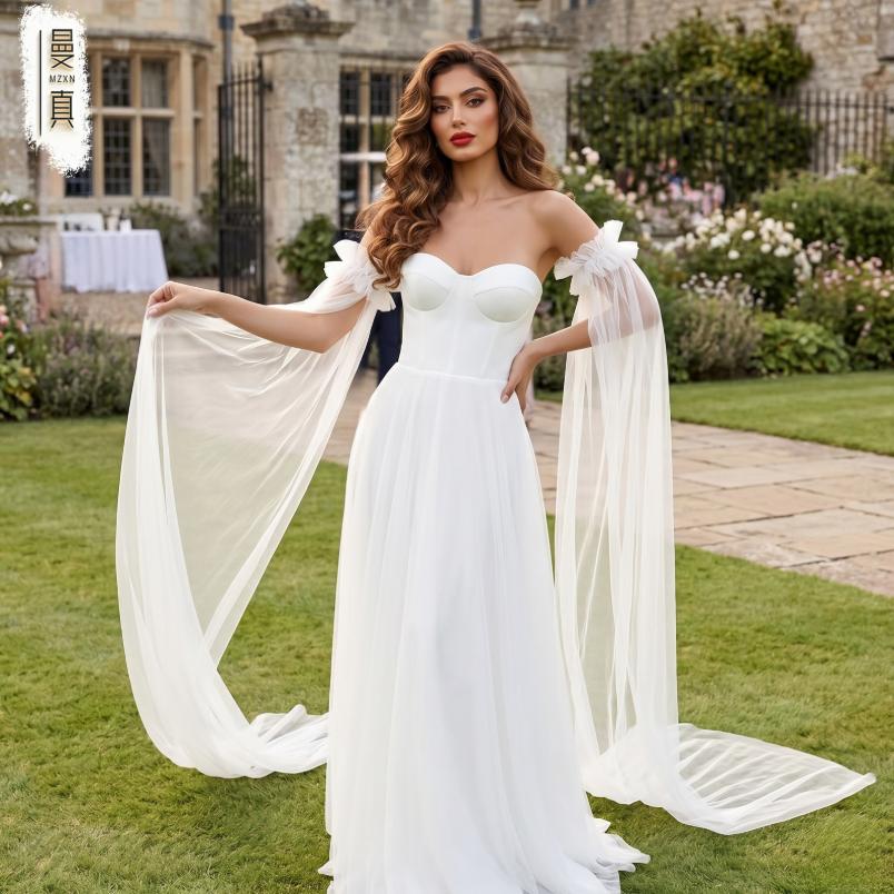 Detachable Off Shoulder Ruffle Tulle Long Train Arm Sleeves Maxi Floating Sheer Bridal Cuffs For Strapless Mermaid Wedding Gown Photoshoot