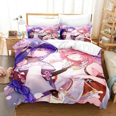 Genshin Impact Yae Miko Bettwäsche Set Einzelbett Twin Full Queen King Size Bettset Aldult Kind Schlafzimmer Bettdeckenbezug Sets 3D Druck Spiel