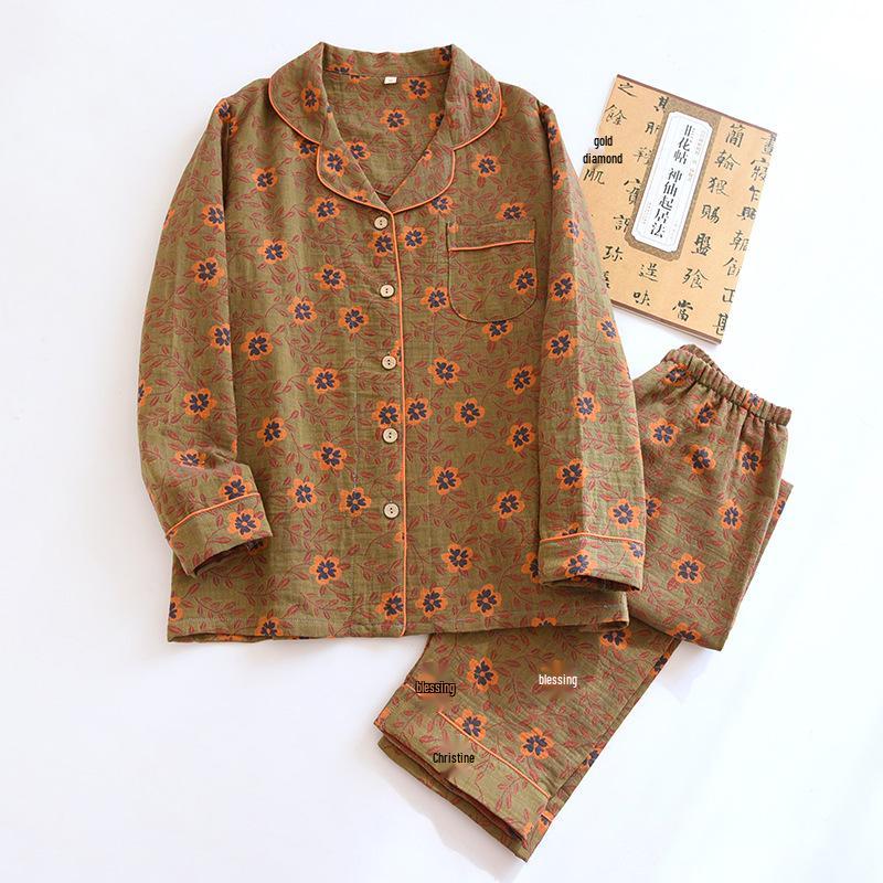 Floral Jacquard Cotton Cardigan & Loungewear Set for Middle-Aged Women