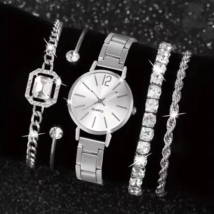 Fashion Roman Numeral Women's Watch & Bracelet Set with Diamond Inlay