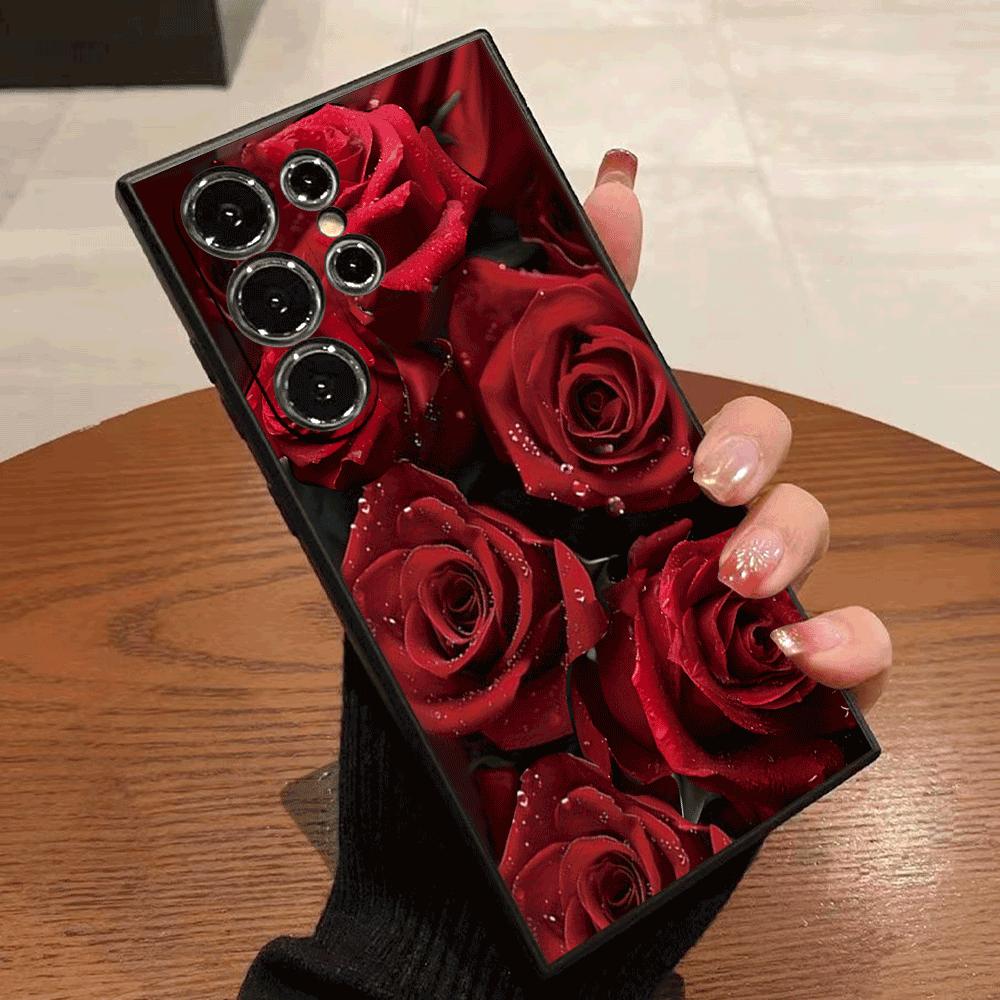 Red Rose Pattern with Dew Drops Case for Samsung Galaxy S25 S24 Ultra S23 S22 S21 S20 FE Plus Soft TPU Slim Fit Shockproof Cover