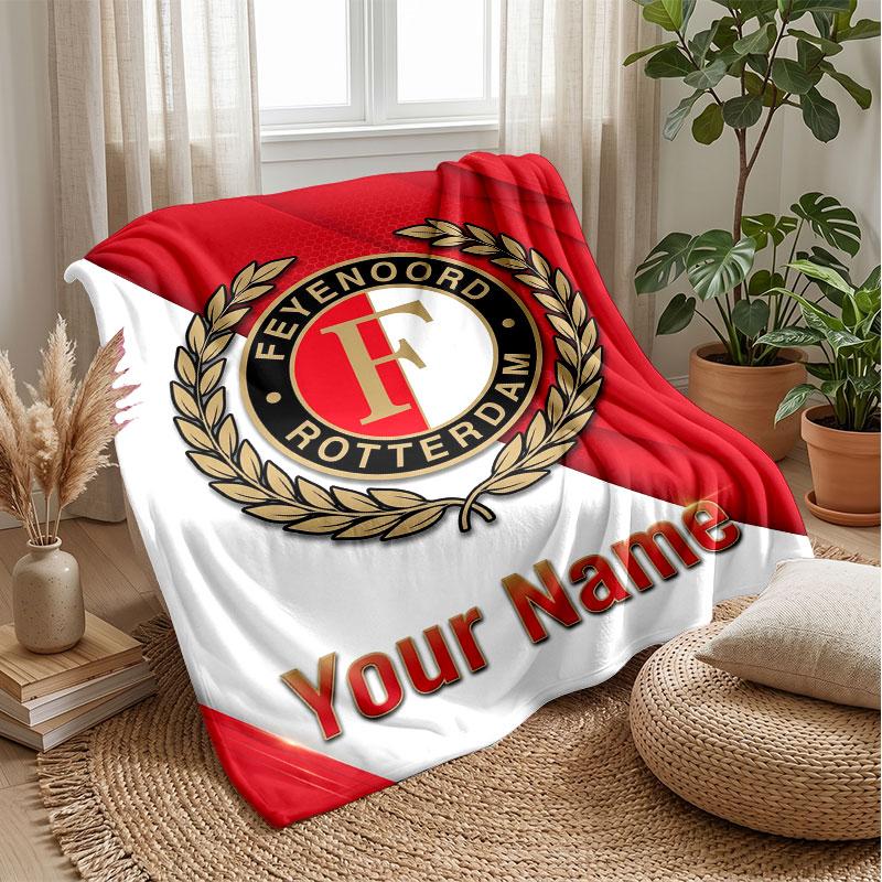 Feyenoord Custom Name Text Flannel Blanket Soccer Logo Personalized Fleece Throw Blanket Special Gift For Sofa Bedroom Home