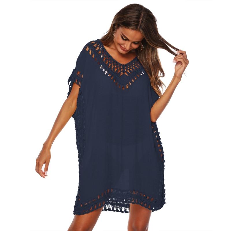 Casual sólido com decote em v vestido geral feminino verão oco solto praia sexy vestido de cobertura mulher vestidos de manga curta 27779