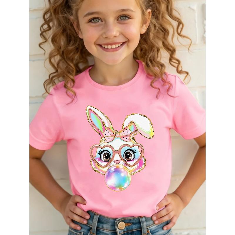 

European sizes Girls Summer Short Sleeve Blouse - Bunny with Heart Glasses & Bow Headband Compatible Outfit 164cm рожевий