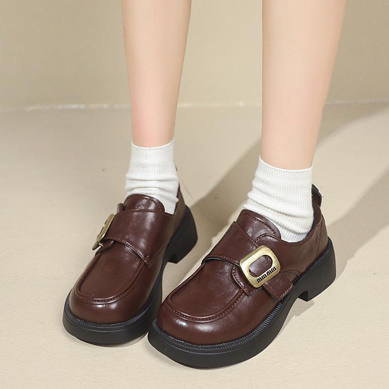 British Style Fashion Simple Loafers Square Buckle Soft Leather Women's Shoes 2025 Spring and Autumn New Height Increase Versatile Casual Shoes