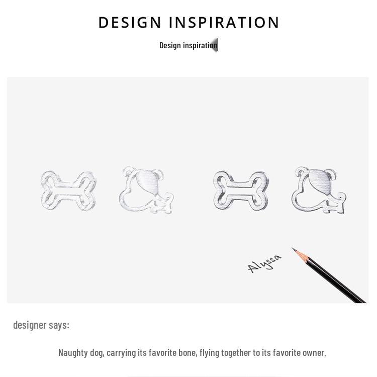 Sterling Silver Puppy and Bone Openwork Stud Earrings - S925 Fashion Jewelry