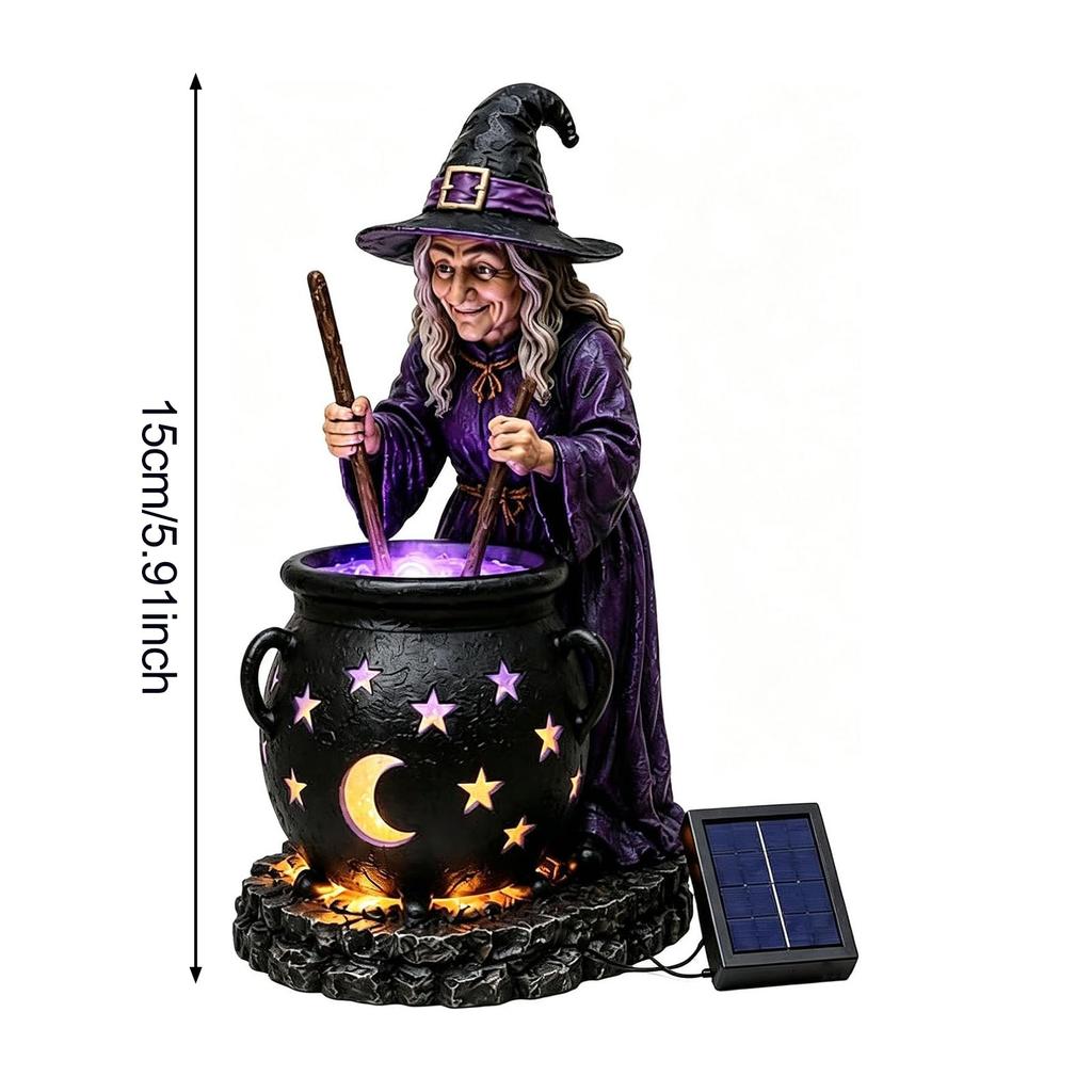 Dark Atmosphere Night Light Solar Witch Statue with Glowing Cauldron, Outdoor Halloween Garden Light, Party Decorations Resin Decorative Figurine