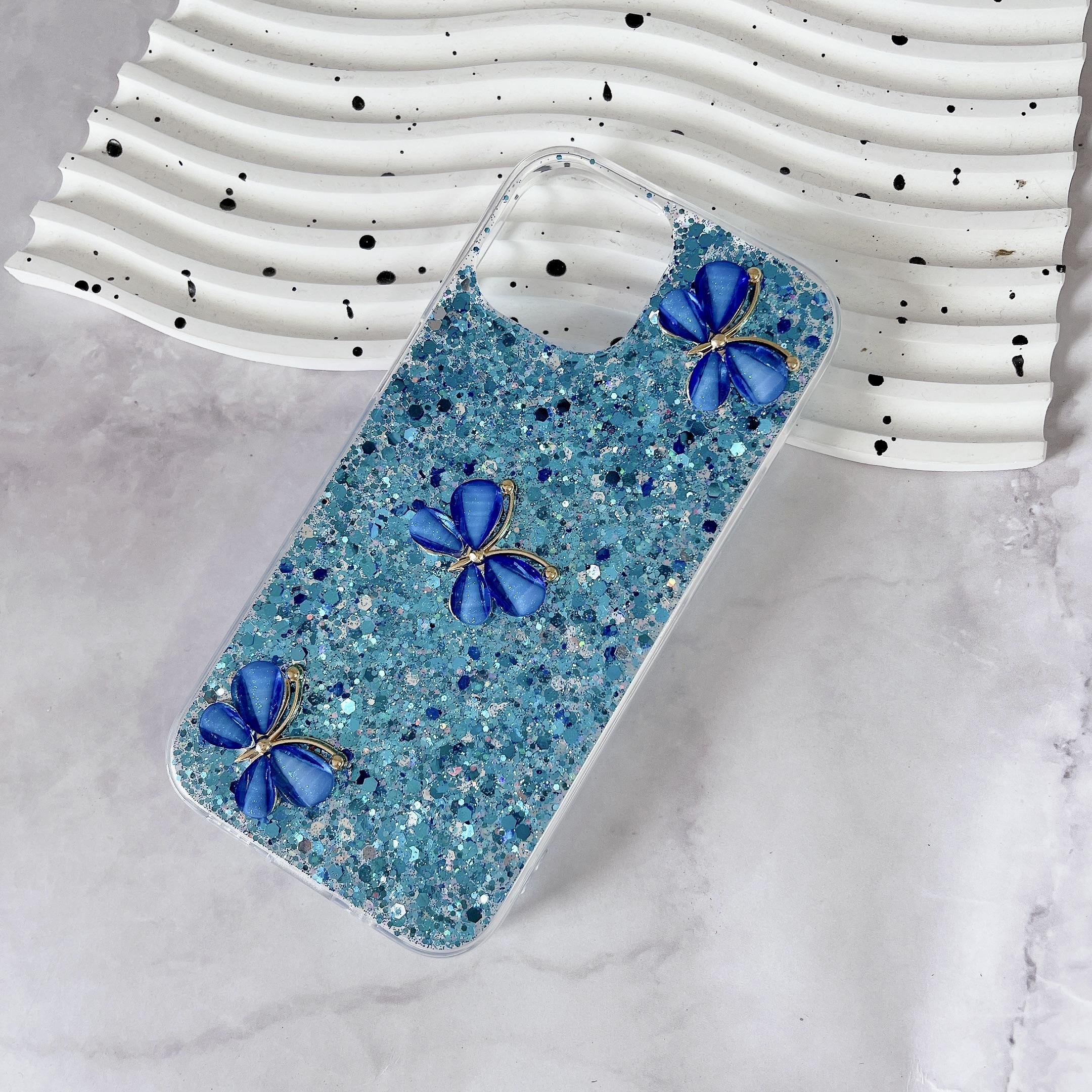 

Чохол для телефону з блискучим блискучим бампером і 3D-метеликом для iPhone 15 14 13 12 Pro Max Samsung Galaxy Girls Cute М’яка силіконова протиударна задня кришка iPhone 13 синій