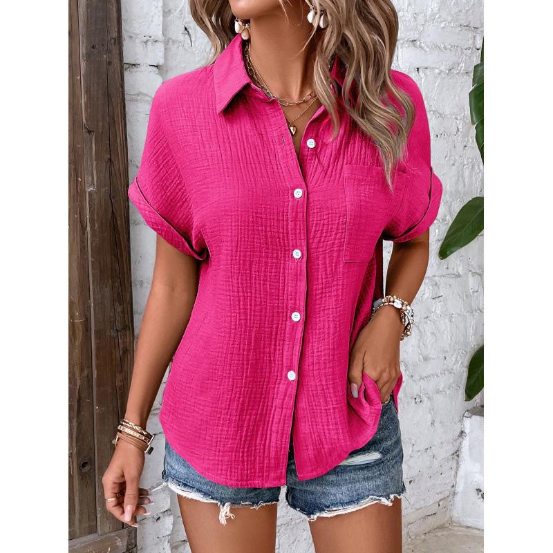 Dames Katoenen Korte Mouw Shirt Omgeslagen Kraag Casual Effen Kleur Knopen Blouse Met Zak Zomer Dagelijkse Top