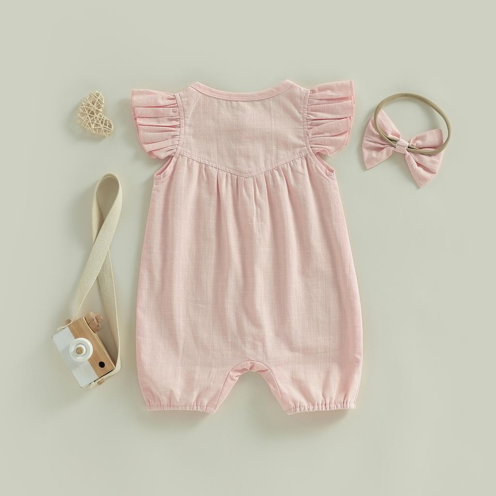 Citgeett Summer Infant Baby Girl Outfit Solid Flying Sleeve Romper Bow Headband Casual Clothes Set