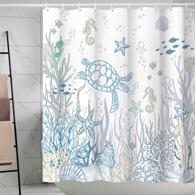 Coastal Marine Shower Curtain: Dolphin, Starfish, Seahorse, Seashell, Sea Turtle - Moisture-Proof, Mildew-Resistant, Waterproof, Beach Bathroom Décor