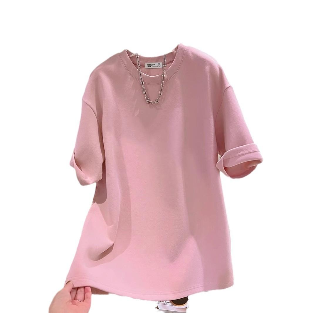 

Футболка с коротким рукавом и круглым вырезом розового цвета, женская, свободная, новая летняя, повседневная, средняя и длинная, с алфавитом M